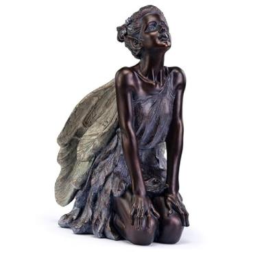 Imagem de Napco Enchanted Kneeling Fairy Statue – 10 x 16.5 Inch Bronze Finish Resin Garden Sculpture with Textured Wings and Flowing Dress, Mystical Outdoor or Indoor Décor Accent