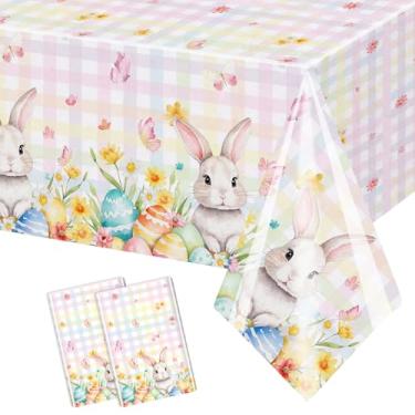 Imagem de AIBIIN 2 Pcs Easter Bunny Tablecloth Buffalo Plaid Checkered Table Covers Spring Floral Rabbit Colorful Eggs Table Cover for Spring Easter Picnic Party Decoration 108 x 54 Inch