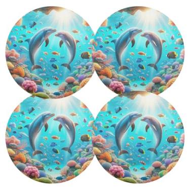 Imagem de Conjunto de 4 tapetes de jantar Dolphins Ocean Blue laváveis para cozinha, mesa de jantar, 38 cm, tapetes redondos de PVC para ambientes internos