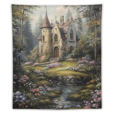 Imagem de Tapeçaria Enchanted Woodland Cottage Stream Tapeçaria para pendurar na parede Casa de pedra rústica caminho floresta paisagem arte para quarto sala de estar dormitório apartamento decoração de casa de