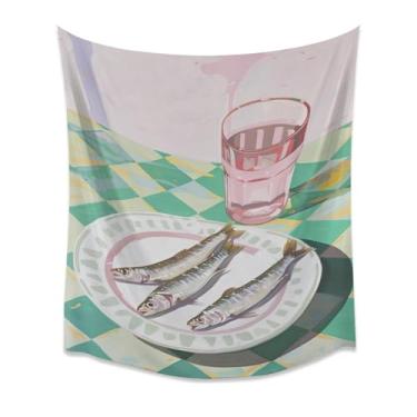 Imagem de Tapeçaria de parede de mesa de vidro rosa de sardinhas pastel decoração de jantar costeira retrô ilustração de comida verde amarelo pôster de tecido para cozinha de casa de campo parede branco 152 x
