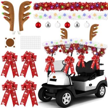 Imagem de Fiwochic Conjunto de 20 peças para decoração de carrinho de golfe de Natal com chifres de rena adesivos de nariz bolas ornamento guirlanda de tinsel arcos grandes cordas de luz LED coloridas para