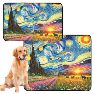 Imagem de Flores Noite Estrelada Lavável Almofadas de Xixi para Cachorro Bonito Tapete Impermeável Antiderrapante Almofada Absorvente Extra Grande Absorvente de Treinamento de Filhote, Médio + Grande, Conjunto