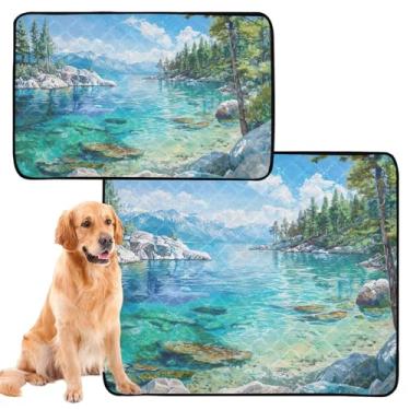 Imagem de Almofada reutilizável para gatos de estimação com paisagem azul lago, lavável, para cães, à prova d'água, tapete de cercadinho para cachorros, médio + grande, conjunto de 2