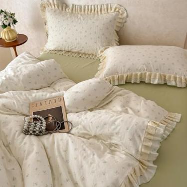 Imagem de VM VOUGEMARKET Conjunto de capa de edredom de 3 peças, solteiro, botânico, Cottagecore, com acabamento em renda, conjunto de cama de algodão de gaze de camada dupla, macio, respirável e leve para