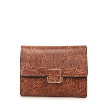 Imagem de Carteira feminina de couro genuíno com dobra dupla/tripla - Suporte minimalista para cartão de crédito com bloqueio de RFID e bolso para moedas, Marrom, Casual