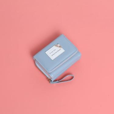 Imagem de Carteira feminina de couro genuíno com dobra dupla/tripla - Suporte minimalista para cartão de crédito com bloqueio de RFID e bolso para moedas, Azul, Casual