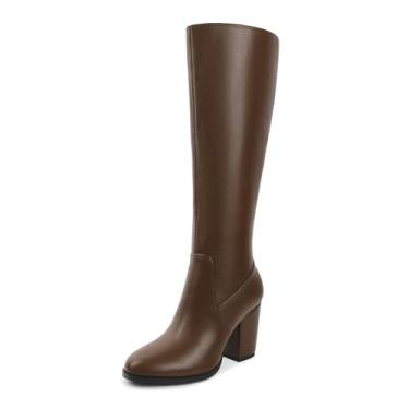 Imagem de Eldof Botas de cano alto femininas salto grosso, bico redondo, salto alto, cano alto, cano longo, botas de couro Gogo 8,5 cm, Marrom, 38