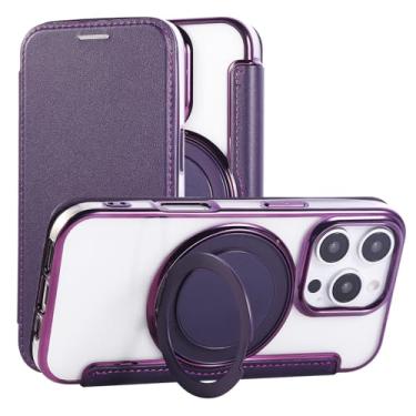 Imagem de Capa carteira para iPhone 14 Pro com 3 compartimentos para cartão, bloqueio RFID, suporte de anel giratório de 360° e compatibilidade magnética, capa traseira transparente à prova de choque, suporta