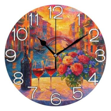 Imagem de GAIGEO Relógio de parede analógico decorativo relógio de cozinha rústico operado por bateria, decoração de parede de meados do século sala de estar desenho vintage floral flor de vinho, 25 cm