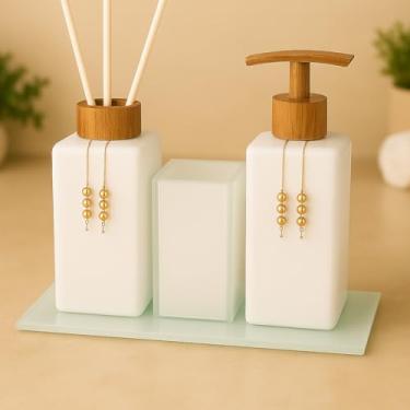 Imagem de Kit Lavabo Luxo Sabonete Líquido C/Porta Escovas e Aromatizante De Ambiente C/Bandeja(Banco Total C/Amadeirado)