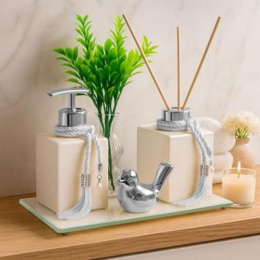 Imagem de Kit Lavabo Luxo com Difusor Aromatizador e Saboneteira de Vidro com Bandeja Espelhada Decorativa(PRATA)