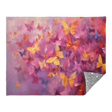 Imagem de CEBUGI Cobertor de flanela quente macio 127 x 178 cm para sofá, cama, escritório, acampamento, viagem, borboleta colorida em fundo roxo para todas as estações