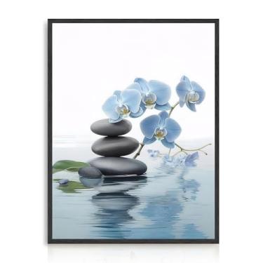 Imagem de Dazzlewall Pôster Zen Wall Art Spa, Orquídea Azul Calmante, Pedras Empilhadas na Água, Impressões em Tela para Ioga, Meditação Spa, Escritório, Quarto, Sala de Estar, 30 x 40 cm, Sem Moldura