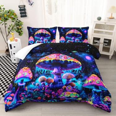 Imagem de AILONEN Conjunto de edredom Queen com desenho animado de cogumelo, cogumelo mágico, estrelado e roxo, 3 peças, planta, fungo, edredom com 2 fronhas