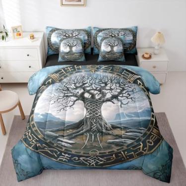 Imagem de Erosebridal Conjunto de edredom solteiro nórdico antigo com lençol geométrico, árvore da vida, 7 peças, vintage, estilo tribal, nórdico, conjunto de colcha