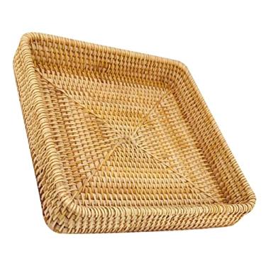Imagem de GLOGLOW Bandeja de Serviço de Rattan Tecida à Mão, Cesta de Armazenamento de Lanche Multifuncional, Conjunto de 3 Peças, para Sala de Estar, Cozinha, Utensílios de Mesa de Piquenique (M)