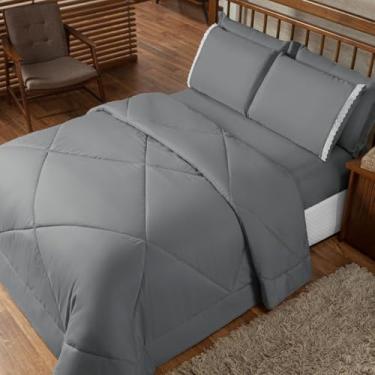 Imagem de Edredom Casal Dupla Face Cobre Leito Queen + Lençol Queen Com Elastico 6 Peças Tecido Toque Macio(Cinza,Kit Edredom 06 Peças)