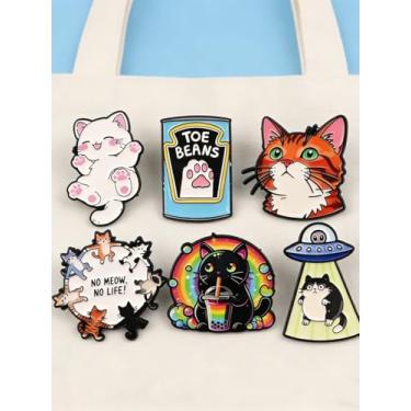 Imagem de Conjunto de pinos esmaltados - 6 peças de broches fofos de gatinho de desenho animado, emblemas engraçados de gato de abdução de OVNIs para mochilas, jaquetas e chapéus, presente criativo.
