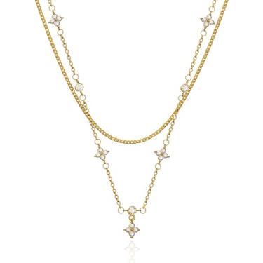 Imagem de Colar de camadas delicadas banhado a ouro 14K para mulheres, colar de trevo para mulheres, corrente de clipe de papel, colar NK, Large, Aço de titânio, Sem Pedra Preciosa