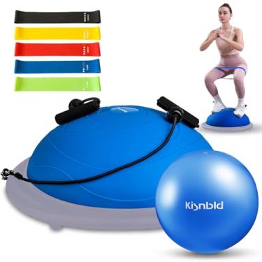 Imagem de kisnbld Treinador de bola de meio equilíbrio, treinador inflável de meio exercício com bola de Pilates e faixas de resistência, meia bola de ioga antiderrapante para exercícios de corpo inteiro