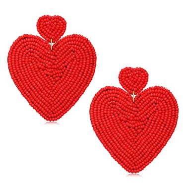 Imagem de Brincos de coração para mulheres, hipoalergênicos com contas, brincos pendurados, boho, feitos à mão, vermelho, coração, miçanga, pingente, para o dia dos namorados, joias para presente, Acrílico, Miçangas