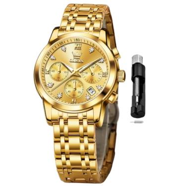 Imagem de OLEVS Relógio feminino multifuncional em dois tons, moderno, analógico, quartzo, feminino, aço inoxidável, à prova d'água, diamante, para mulheres, relógio todo dourado 2858, relógio feminino