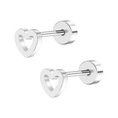 Imagem de Rocemuti Brincos de coração de titânio para mulheres, brincos de coração minimalistas hipoalergênicos, brincos de orelha de coração planos leves em ouro, prata, preto, rosa, 5mm, Titânio, Sem pedra