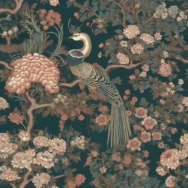 Imagem de ReWallpaper Papel de parede verde escuro Chinoiserie papel de parede pré-colado papel de contato floral verde descasque e cole para armários, papel de parede de pavão de luxo autoadesivo para paredes
