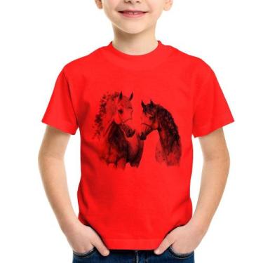 Imagem de Camiseta Infantil Casal de Cavalos Watercolor - Foca na Moda, Vermelho