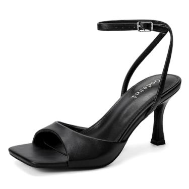 Imagem de Goderci Sapato social feminino de salto agulha com tiras quadradas, bico aberto, tira no tornozelo, fivela, salto agulha, Poliuretano preto, 39