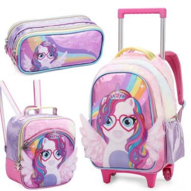 Imagem de Kit mochila rodas lancheira estojo unicornio pelucia 3d - Denlex