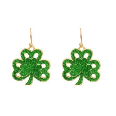 Imagem de Brincos pendentes irlandeses com glitter verde trevo dourado para mulheres delicados em forma de coração trevo floral da sorte pingente leve moda joia moderna para sua festa Dia de São Patrício