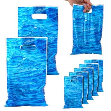 Imagem de 50 unidades de sacolas de lembrancinhas de festa com ondas do oceano, azul sob o mar, sacolas com alças, aniversário, praia, oceano, piscina, festa, presente, decoração para presentes, doces, lanches