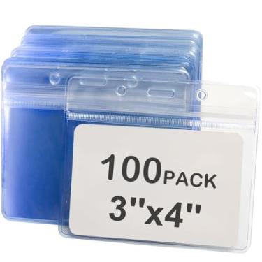 Imagem de Pacote com 100 porta-crachás de 7,6 cm x 10,16 cm porta-crachás de plástico transparente para cordão (3 x 4 horizontal)