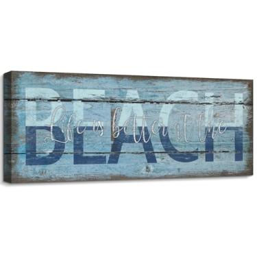 Imagem de pureluca Placa de praia azul Life is Better at The Beach citações placas rústicas tema costeiro decoração 15 x 43 painel de parede para praia vida costa férias banheiro quarto decoração de casa