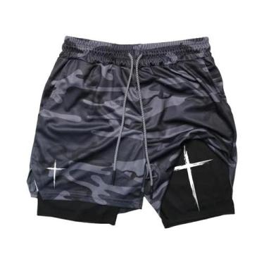 Imagem de Shorts De Corrida Masculinos 2 Em 1 Com Estampa Cruzada, Bolso Para Ce