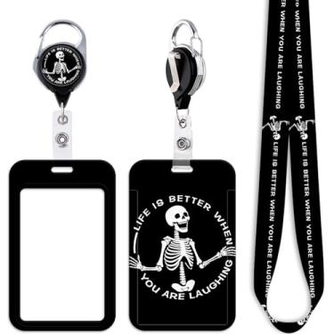 Imagem de Cordão de identificação de esqueleto de caveira legal para crachás de identificação, fofo, engraçado, retrátil, clipe de carretel para identificação de trabalho e escola, chaveiro preto para chaves