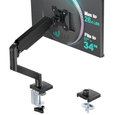 Imagem de WALI Suporte de monitor único, braço de monitor de mola a gás para telas de 17 a 34 polegadas, monitores de computador ajustáveis suportam até 12 kg, com base de fixação e ilhós, orifícios de montagem