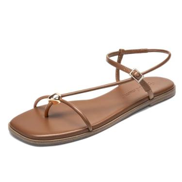 Imagem de Athlefit Sandália rasteira feminina com tiras quadradas, bico aberto, confortável, tira no tornozelo, sandália de praia, Marrom, 36
