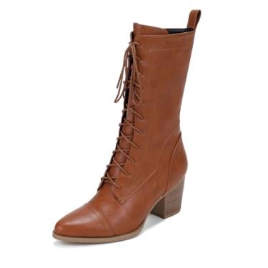 Imagem de UTIKLIOU Botas femininas de cano médio com cadarço botas de combate de couro com zíper lateral botas de inverno forro de pele sintética, Bronzeado, 7