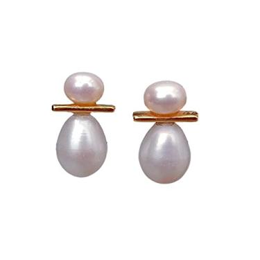 Imagem de Brincos de pérola branca semi redonda de pérola cultivada e arroz de pera de água doce banhados a ouro