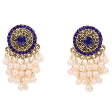 Imagem de fxmimior Brincos indianos Jhumka com círculo, cristal, branco, pérola, borla, pingente, brincos circulares para mulheres, festivais étnicos de Bollywood, festa de formatura, bijuteria, Medium, Metal