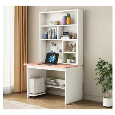 Imagem de Mesa de usuário duplo de madeira maciça com estante integrada, ideal para casa e escritórios (cor: branco 120 x 50 x 188,5 cm) (branco + rosa 80 x 50 x 188,5 cm)