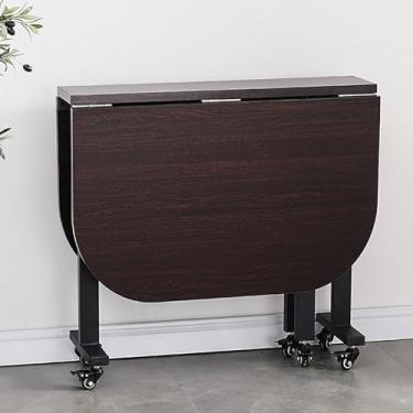 Imagem de ZXLPHA Mesa de jantar de madeira, mesa de jantar dobrável com 6 rodas, mesa de cozinha dobrável com suporte de aço carbono, móveis dobráveis extensíveis para economia de espaço, dobrável em 3