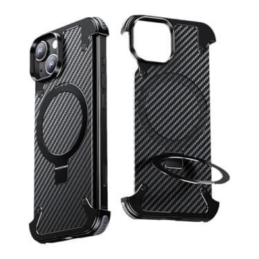Imagem de HUHUCASE Novo modelo para iPhone 15/14 Promax capa de telefone de metal airbag anti-queda de fibra de carbono suporte magnético capa protetora (preta, iPhone 15 ProMax)