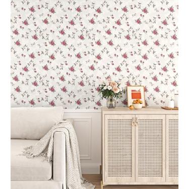 Imagem de EPPKILY Papel de parede floral rosa vermelho descasque e cole papel de parede floral vintage para paredes de quarto de berçário 44,5 x 259,1 cm Papel de contato floral autoadesivo à prova d'água para