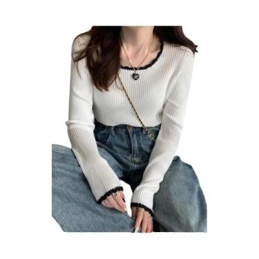 Imagem de Suéter De Tricô Feminino De Manga Longa Com Decote Quadrado, Ajuste Sl