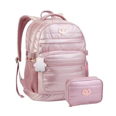 Imagem de Kit Mochila Costas Lorena Queiroz Estojo Color Up Metalizada Cor:Rosé 