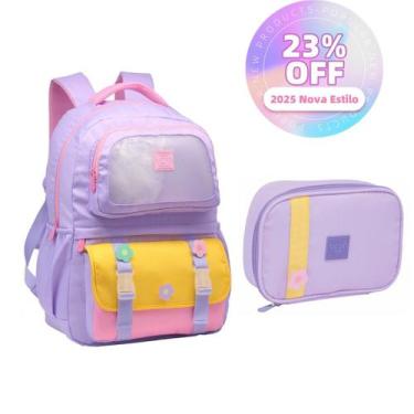 Imagem de Kit Mochila Feminina Juvenil Escolar Com Estojo E Chaveiro Abertura 18
